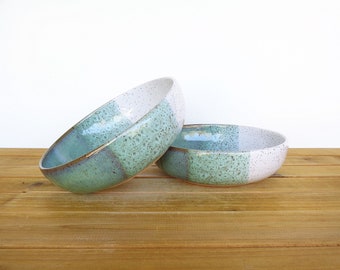 Ceramic Stoneware Pasta Bowls in Sea Mist and White Glazes, Rustic Kitchen Pottery Bowls - Set of 2
