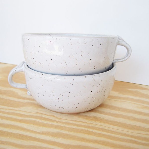 Glossy White Speckled One Handle Stoneware Bowls - Set of 2