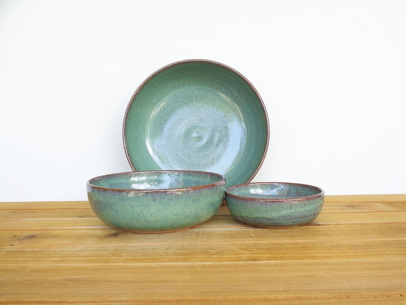 Ceramic Nesting Pottery Bowl Set in Sea Mist Glaze, Green Blue Stoneware Serving Bowl, Teal Glaze Set of Three image 9