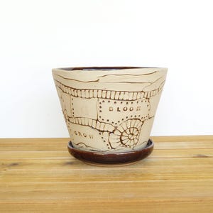 Rustic Stoneware Planter Pot in Turkish Amber Glaze, Garden Pottery, Textured Ceramic Planter with drip tray