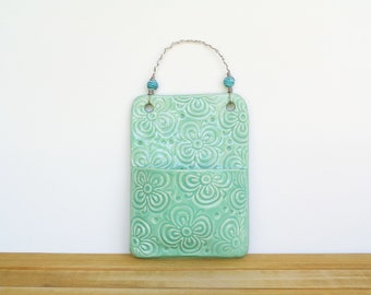 Ceramic Wall Pocket, Handmade Pottery, Stamped Wall Vase, Clay Wall Planter, Mint Green Glaze
