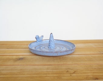 Ceramic Ring Dish in Castille Blue Glaze with Bird Decoration, Stoneware Clay, Jewelry Bowl, Bridal Ring Dish