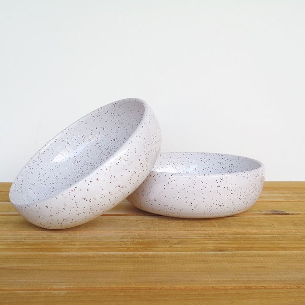 Glossy White Ceramic Soup Bowls, Rustic Speckled Stoneware Pottery - Set of 2