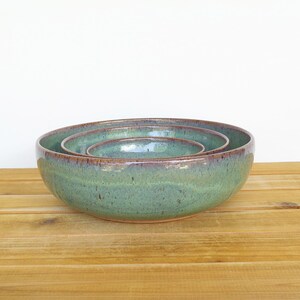 Ceramic Nesting Pottery Bowl Set in Sea Mist Glaze, Green Blue Stoneware Serving Bowl, Teal Glaze Set of Three image 7