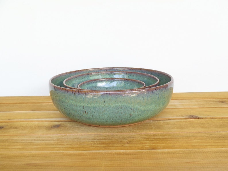 Ceramic Nesting Pottery Bowl Set in Sea Mist Glaze, Green Blue Stoneware Serving Bowl, Teal Glaze Set of Three image 7