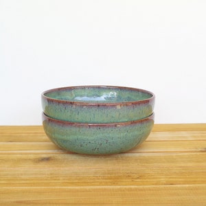 Pottery Stoneware Soup Bowls in Sea Mist Glaze, Teal Handmade Rustic Kitchen, Cereal Bowls, Set of 2 image 2