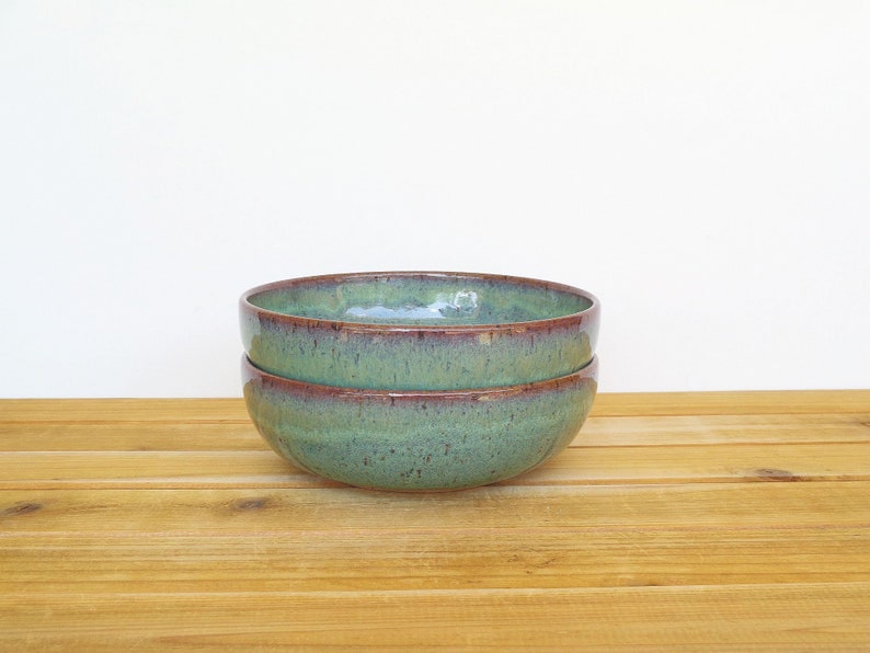 Pottery Stoneware Soup Bowls in Sea Mist Glaze, Teal Handmade Rustic Kitchen, Cereal Bowls, Set of 2 image 2