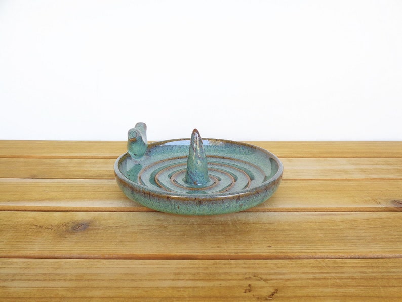 Ceramic Ring Dish in Sea Mist Glaze with Bird Decoration, Stoneware Clay, Jewelry Bowl, Bridal Ring Dish image 2