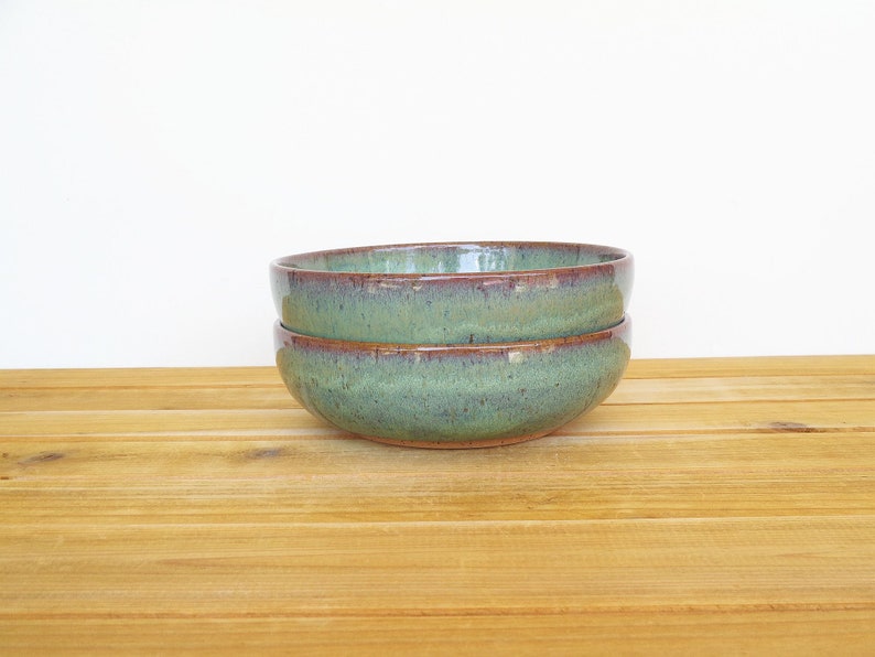 Pottery Stoneware Soup Bowls in Sea Mist Glaze, Teal Handmade Rustic Kitchen, Cereal Bowls, Set of 2 image 6