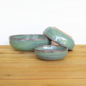 Ceramic Nesting Pottery Bowl Set in Sea Mist Glaze, Green Blue Stoneware Serving Bowl, Teal Glaze Set of Three image 6