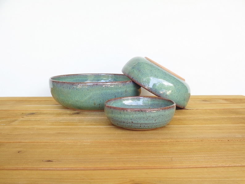 Ceramic Nesting Pottery Bowl Set in Sea Mist Glaze, Green Blue Stoneware Serving Bowl, Teal Glaze Set of Three image 6