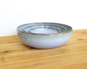 Ceramic Pottery Nesting Bowls in Castille Blue and Sea Mist Glazes, Stoneware, Rustic Speckled Kitchen Bowls - Set of 3