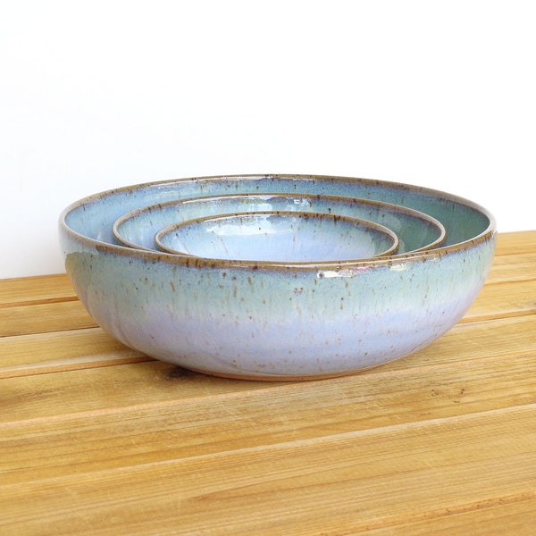 Ceramic Pottery Nesting Bowls in Castille Blue and Sea Mist Glazes, Stoneware, Rustic Speckled Kitchen Bowls - Set of 3