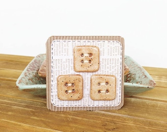 Large Square Rustic Stoneware Buttons in Speckled Tan - Set of 3