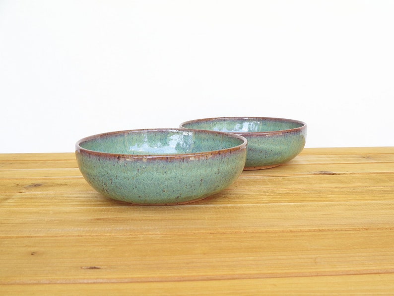 Pottery Stoneware Soup Bowls in Sea Mist Glaze, Teal Handmade Rustic Kitchen, Cereal Bowls, Set of 2 image 4