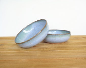 Stoneware Soup Bowls, Rustic Ceramic Pottery in Castille Blue and Sea Mist Glazes - Set of 2