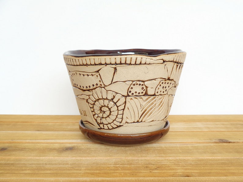 Stoneware Patchwork Planter Pot in Turkish Amber Glaze, Garden Pottery, Textured Ceramic Planter with drip tray image 3