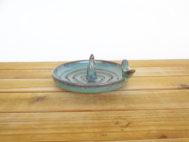 Ceramic Ring Dish in Sea Mist Glaze with Bird Decoration, Stoneware Clay, Jewelry Bowl, Bridal Ring Dish image 4
