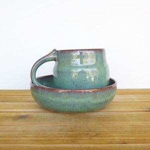 Ceramic Pottery Breakfast Set One Mug and One Bowl in Sea Mist Glaze, Rustic Stoneware, Kitchen Pottery image 8