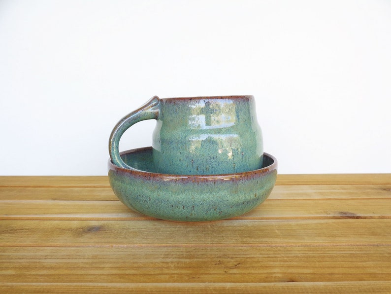 Ceramic Pottery Breakfast Set One Mug and One Bowl in Sea Mist Glaze, Rustic Stoneware, Kitchen Pottery image 8