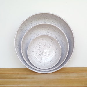 Stoneware Pottery Nesting Bowls in Glossy White Glaze, Ceramic, Rustic Speckled Kitchen Bowls - Set of 3