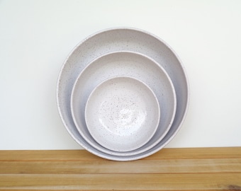 Stoneware Pottery Nesting Bowls in Glossy White Glaze, Ceramic, Rustic Speckled Kitchen Bowls - Set of 3