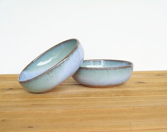 Stoneware Soup Bowls, Rustic Ceramic Pottery in Castille Blue and Sea Mist Glazes - Set of 2