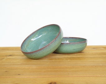 Ceramic Pasta Bowls in Sea Mist Glaze - Stoneware Pottery, Teal Blue Green Glaze, Set of 2