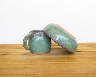 Ceramic Pottery Breakfast Set - One Mug and One Bowl in Sea Mist Glaze, Rustic Stoneware, Kitchen Pottery