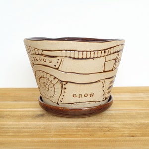 Stoneware Patchwork Planter Pot in Turkish Amber Glaze, Garden Pottery, Textured Ceramic Planter with drip tray image 9