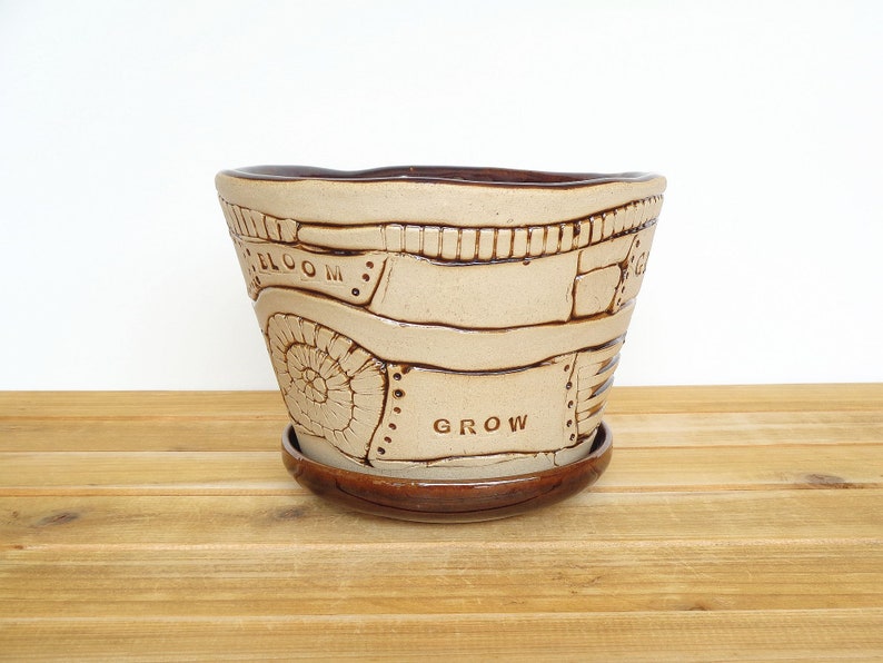 Stoneware Patchwork Planter Pot in Turkish Amber Glaze, Garden Pottery, Textured Ceramic Planter with drip tray image 9