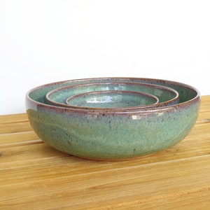 Ceramic Nesting Pottery Bowl Set in Sea Mist Glaze, Green Blue Stoneware Serving Bowl, Teal Glaze Set of Three image 2