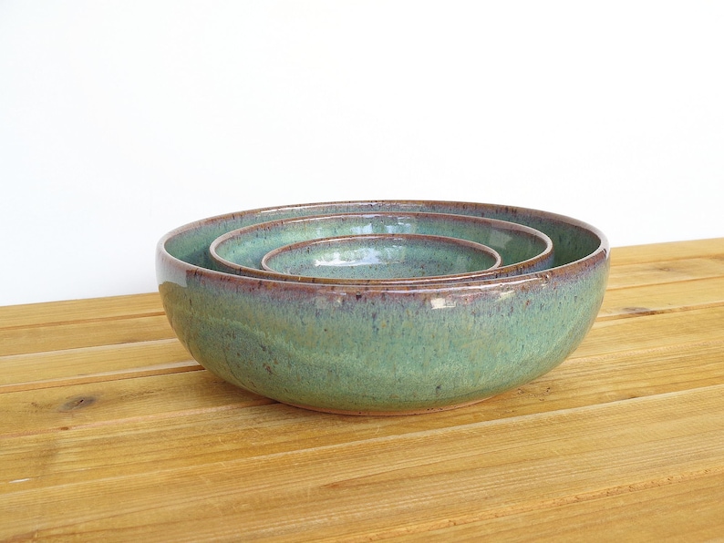 Ceramic Nesting Pottery Bowl Set in Sea Mist Glaze, Green Blue Stoneware Serving Bowl, Teal Glaze Set of Three image 2