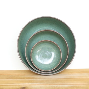 Ceramic Nesting Pottery Bowl Set in Sea Mist Glaze, Green Blue Stoneware Serving Bowl, Teal Glaze - Set of Three