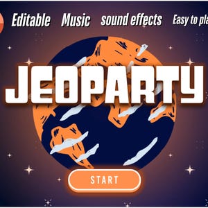 Puede incluir: Una plantilla de PowerPoint con temática de programa de juegos con un globo terráqueo azul y naranja y la palabra "JEOPARDY" en texto blanco. La plantilla tiene un botón "START" y el texto "Editable, Efectos de sonido de música, Fácil de jugar".