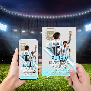 Messi verjaardagsuitnodiging, Messi uitnodiging, Argentijnse voetbal themakaart, voetbalster verjaardag