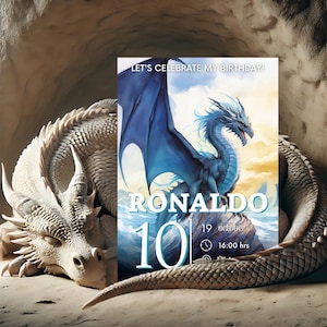 Invito di compleanno drago blu fantasy, modello di invito drago, biglietto d'auguri drago blu, tela, bambini
