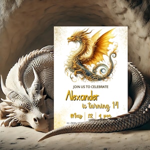 Goldene Drachen-Geburtstagseinladung, Drachen-Einladungsvorlage, Geburtstagskarte, Canva, Drache, druckbar, digital