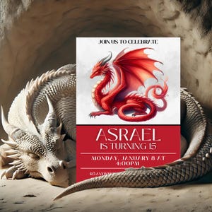 Rote Drachen-Geburtstagseinladung, Drachen-Einladungsvorlage, Geburtstagskarte, Canva, Drache, druckbar, digital