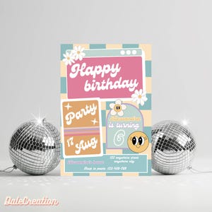 Retro smiling face birthday invitation, invitation with emoji, teen party, pre-teen birthday, editable invitation, any age girl birthday