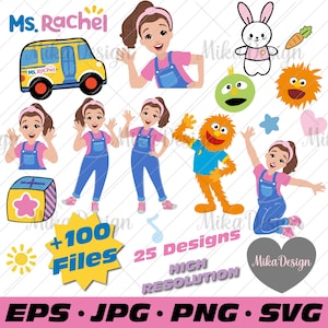 May include: A set of digital graphics with the text "Ms. Rachel", a yellow bus, cartoon characters, and the text "+100 Files 25 Designs High Resolution". The graphics are available in EPS, JPG, PNG, and SVG formats.