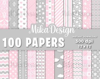 Pink and Gray Digital Paper, Scrapbook Pink and Gray, Pink and Gray Background