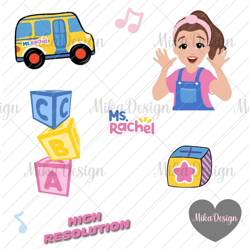 Pu&ograve; includere: Una collezione di grafiche di cartoni animati colorati con un autobus scolastico giallo, una donna con le braccia alzate, blocchi dell'alfabeto e un blocchetto. L'immagine include il testo "Ms. Rachel" e "Alta Risoluzione".