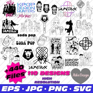 Pode incluir: Um pacote de design digital com várias ilustrações em preto e branco, incluindo retratos de personagens, silhuetas de grupos e elementos de texto como "KPOP DEMON HUNTERS" e "SODA POP". A imagem também inclui o texto "+440 Files 110 Designs".