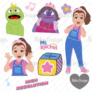 Pu&ograve; includere: Illustrazioni di cartoni animati con un pupazzo verde, un pupazzo viola con una corona, una donna in tuta blu, un blocco con una stella e la scritta "Ms. Rachel". Include note musicali e un fiore.