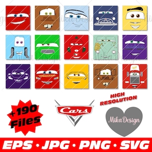 Visages de voitures cliparts, SVG de voitures, conception de t-shirts de voitures, sublimation de voitures, personnages de voitures