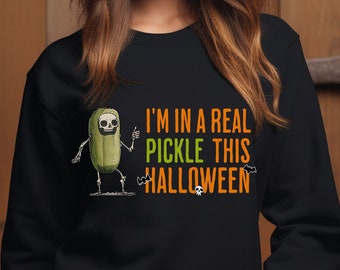 Sudadera de Halloween con diseño divertido de esqueleto y pepinillo, unisex, cuello redondo