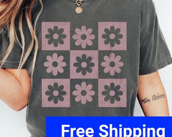 Comfort Colors Checkered Flower Shirt: Retro Boho Floral Tee