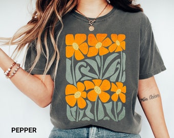 Camisa retro de flores silvestres: camiseta floral con colores cómodos