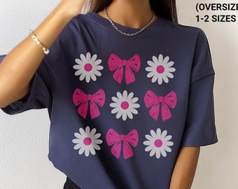 Camisa con lazo floral y colores cómodos: camiseta retro floral extragrande